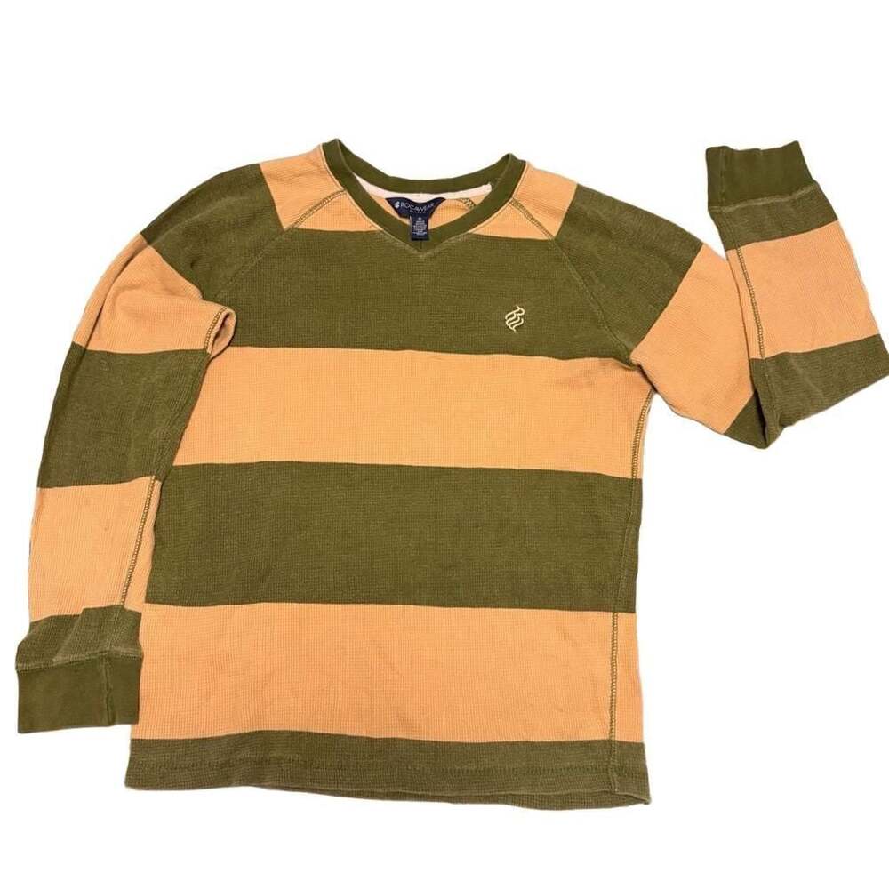 Rocawear Y2K Men's Olive Tan Striped Thermal Waffle Knit Long Sleeve Shirt